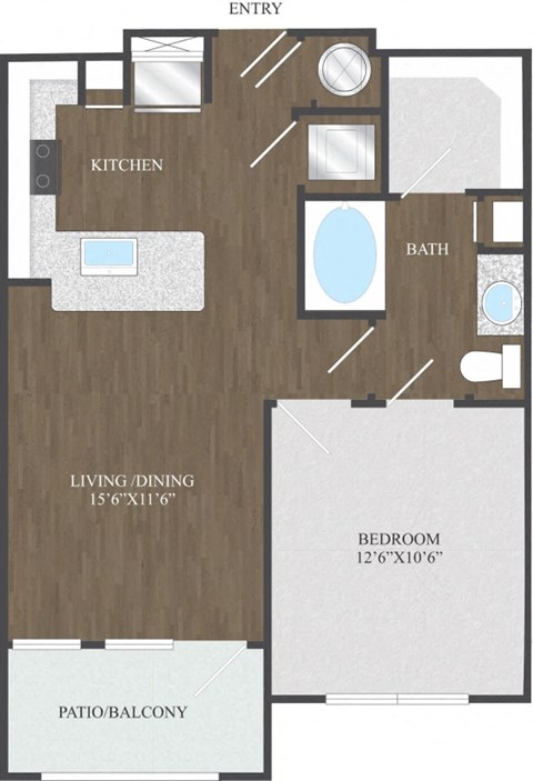 Floor plan for 1 bed, 1 bath, 636 sqft